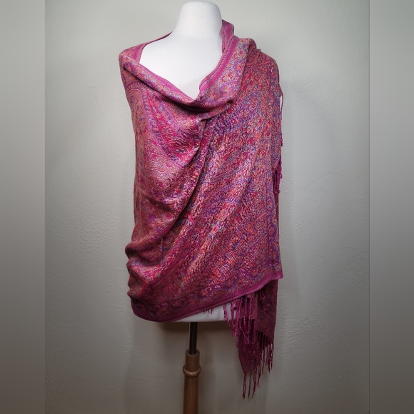 Bohemian Cashmere mix Wide Shoulder Shawl Paisley Flower hotpink/multico… - Picture 12 of 14